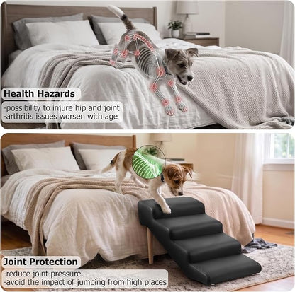 4-Step 18" H Dog Stairs for Bed Couch, Waterproof & Scratch PU Leather Pet Steps for Small Senior Dogs and Cats, Dog Ramp with 220 lbs Maximum, Oak Leg & Solid Wood, Non-Slip Feet, Black