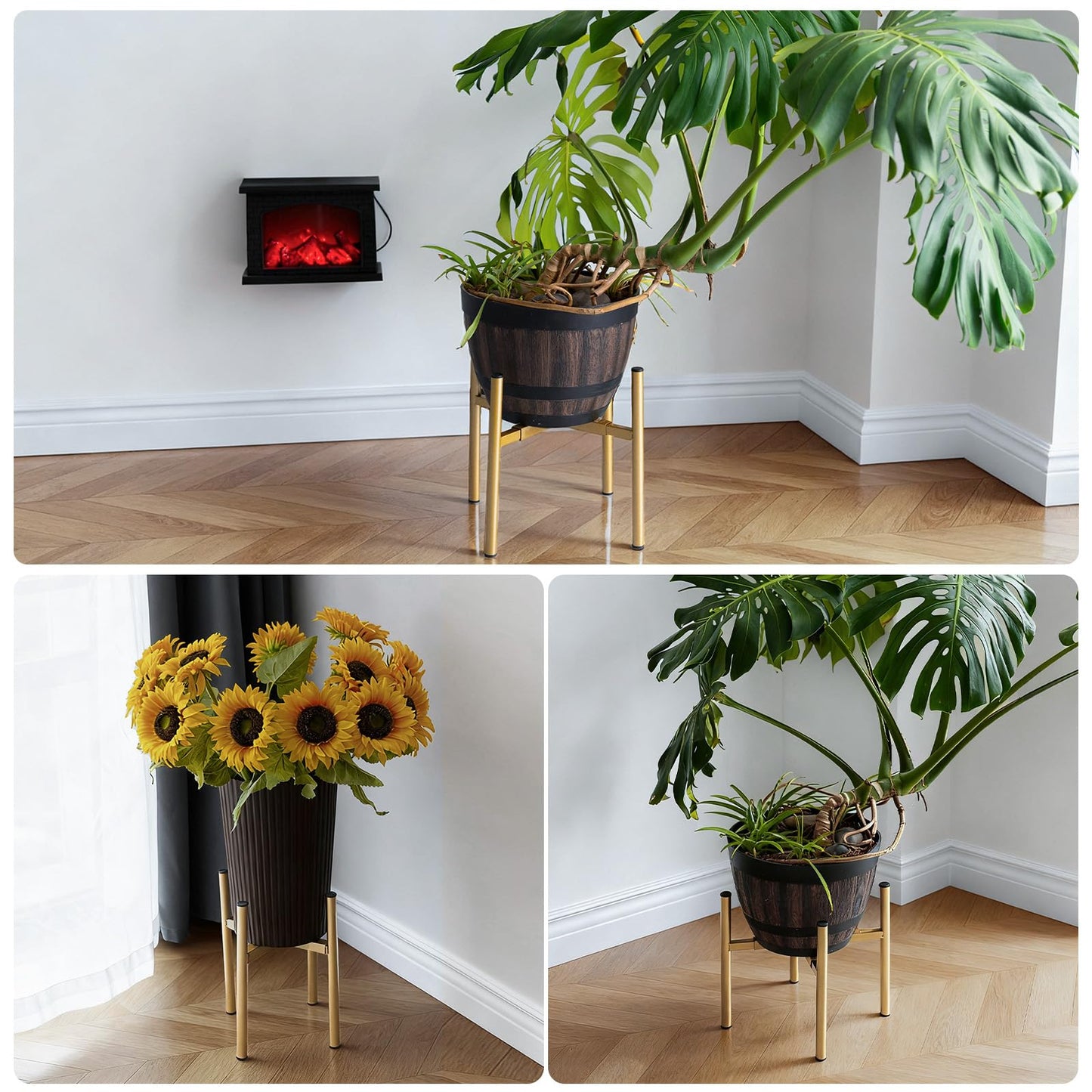 Rioneta Adjustable Metal Plant Stand Indoor, 8 to 14 Inch Pots Mid Century Modern Outdoor Planter Holder,Heavy Duty 160 LB Load, Corner Floor Small Stand for Home Garden Decor Golden