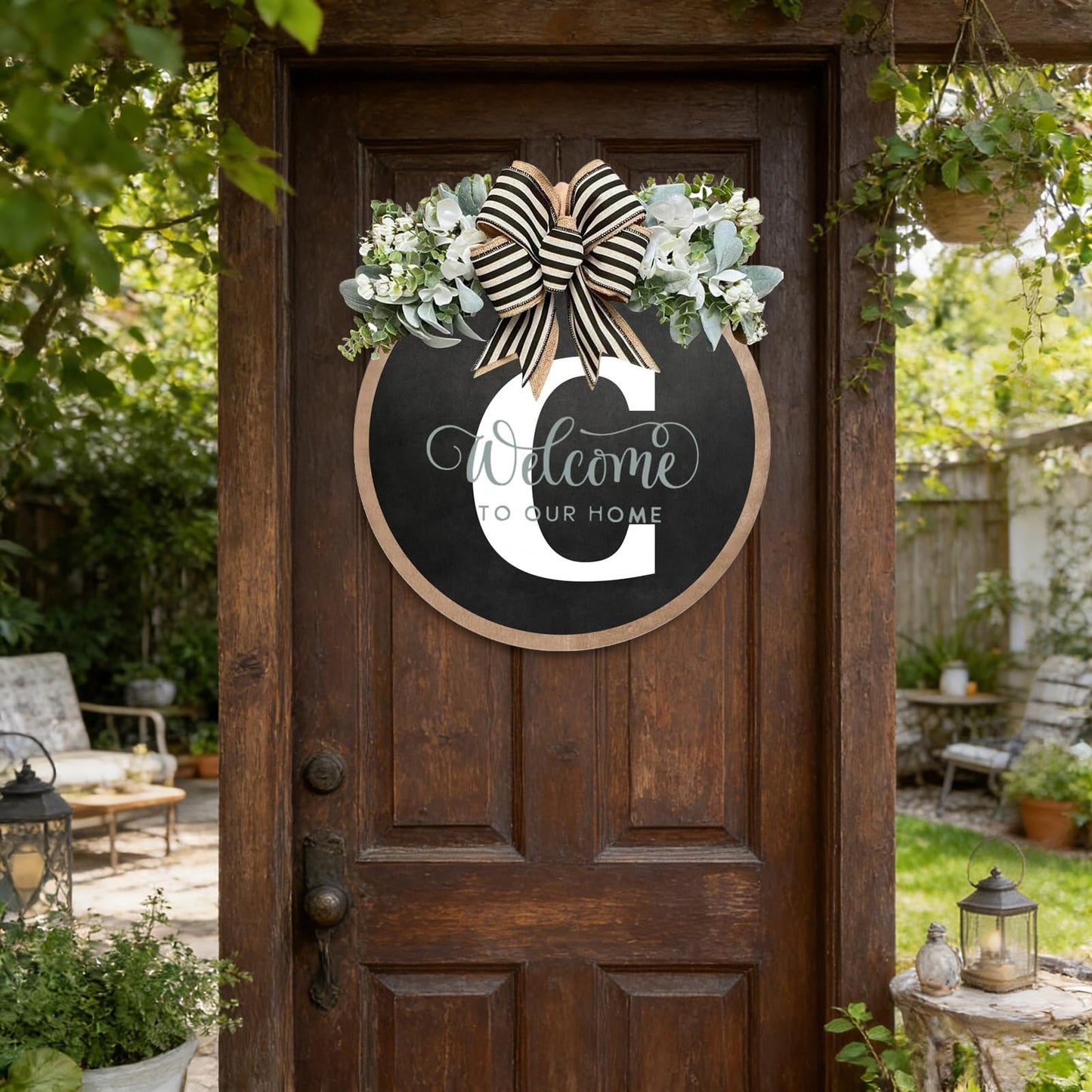Last Name All Year Round Front Door Garland, Rustic Round Wood Wreaths wall Hanging Outdoor, Farmhouse, Porch, for Spring Summer Fall All Seasons Holiday Halloween Christmas (C)