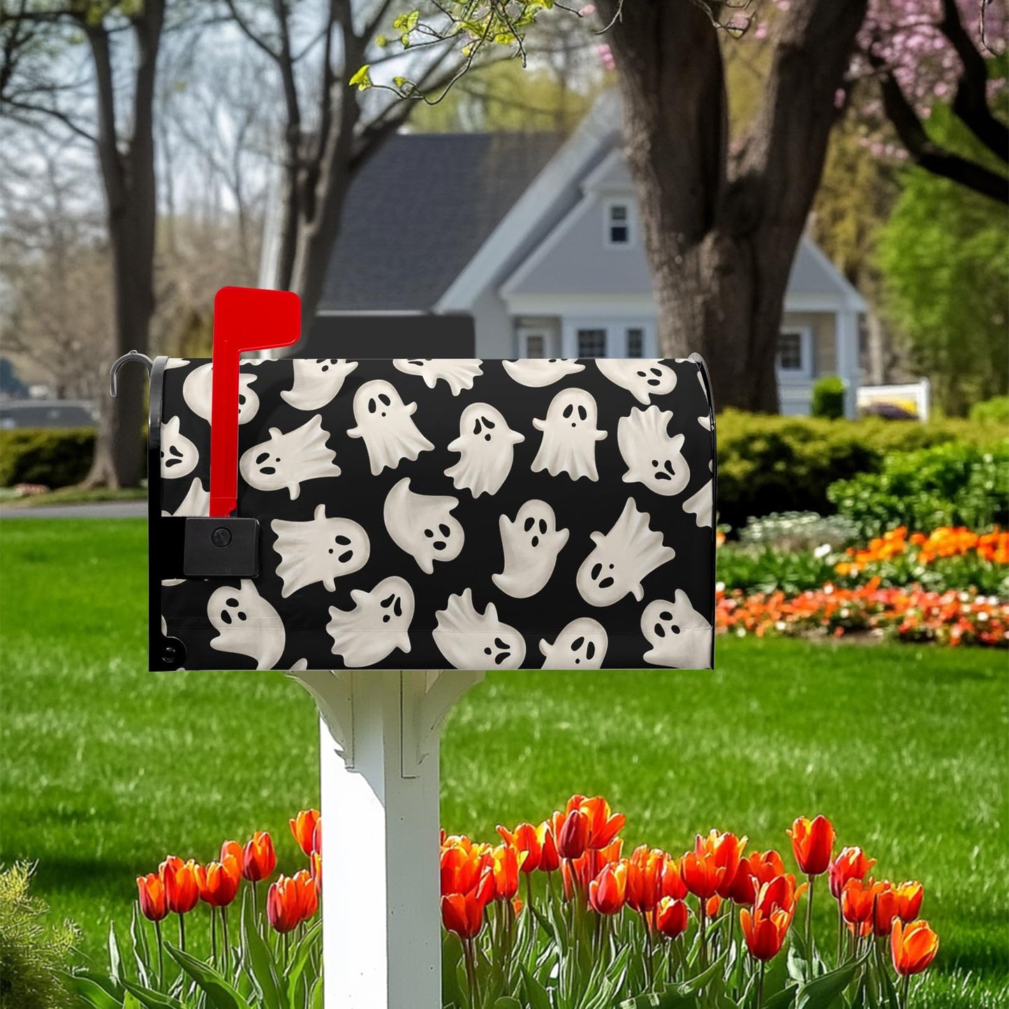 VentuCoven Ghost Mail Box Covers Magnetic Standard Size 21x18 inch Halloween Spooky Mailbox Cover Black Post Letter Box Cover Wraps for Outdoor Garden Decor