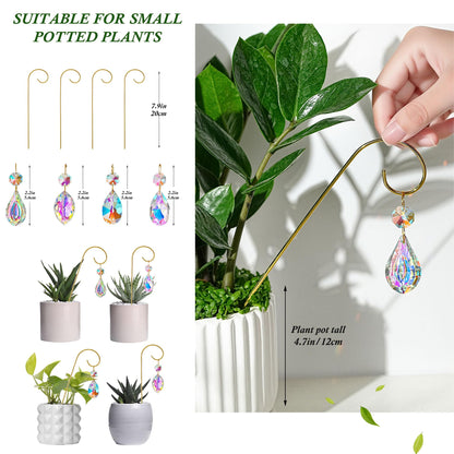 HDCRYSTALGIFTS 4PCS Small Trellis for Mini Potted Plants Indoor Decorations with Crystal Prisms Sun Catchers, 7.5inch Metal Plant Stakes Suncatchers for Fairy Garden Rainbow Crystals