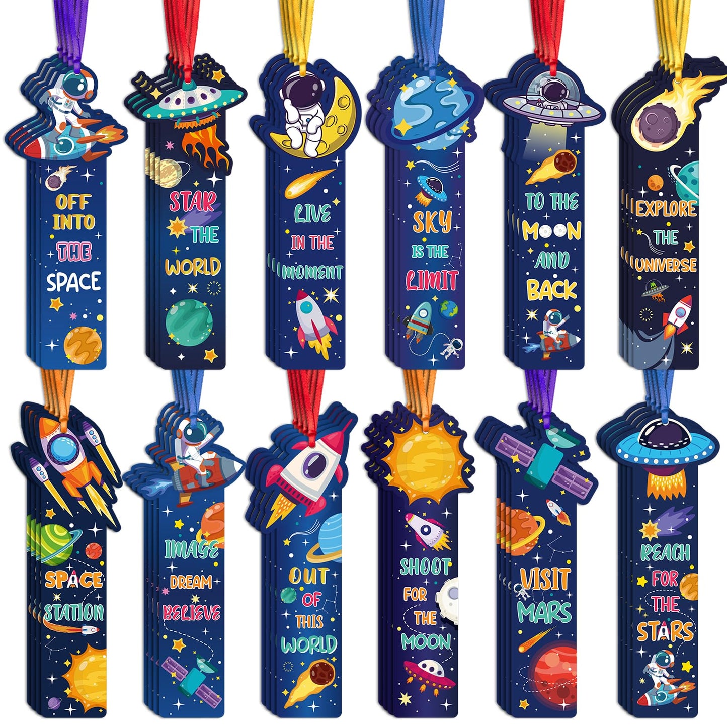 120 Pcs Space Bookmarks Bulk Planet Rocket Space Ship Theme Bookmarks Outer Space Inspirational Quotes Cards Valentines Gifts for Classroom Office Birthday Party Prizes Favors