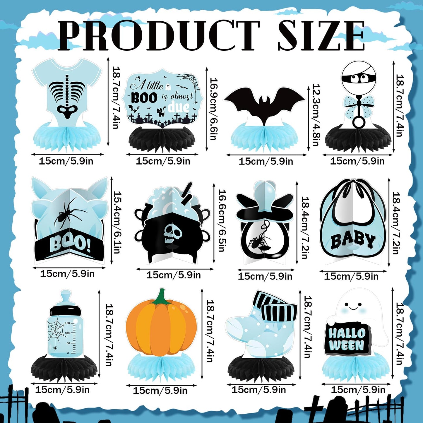 Moinchore 12 Pcs Blue Halloween Baby Shower Decorations a Little Boo Is Almost Due Honeycomb Centerpieces Bat Ghost Skull Halloween Baby Shower Table Decoration Table Topper for Party Favors