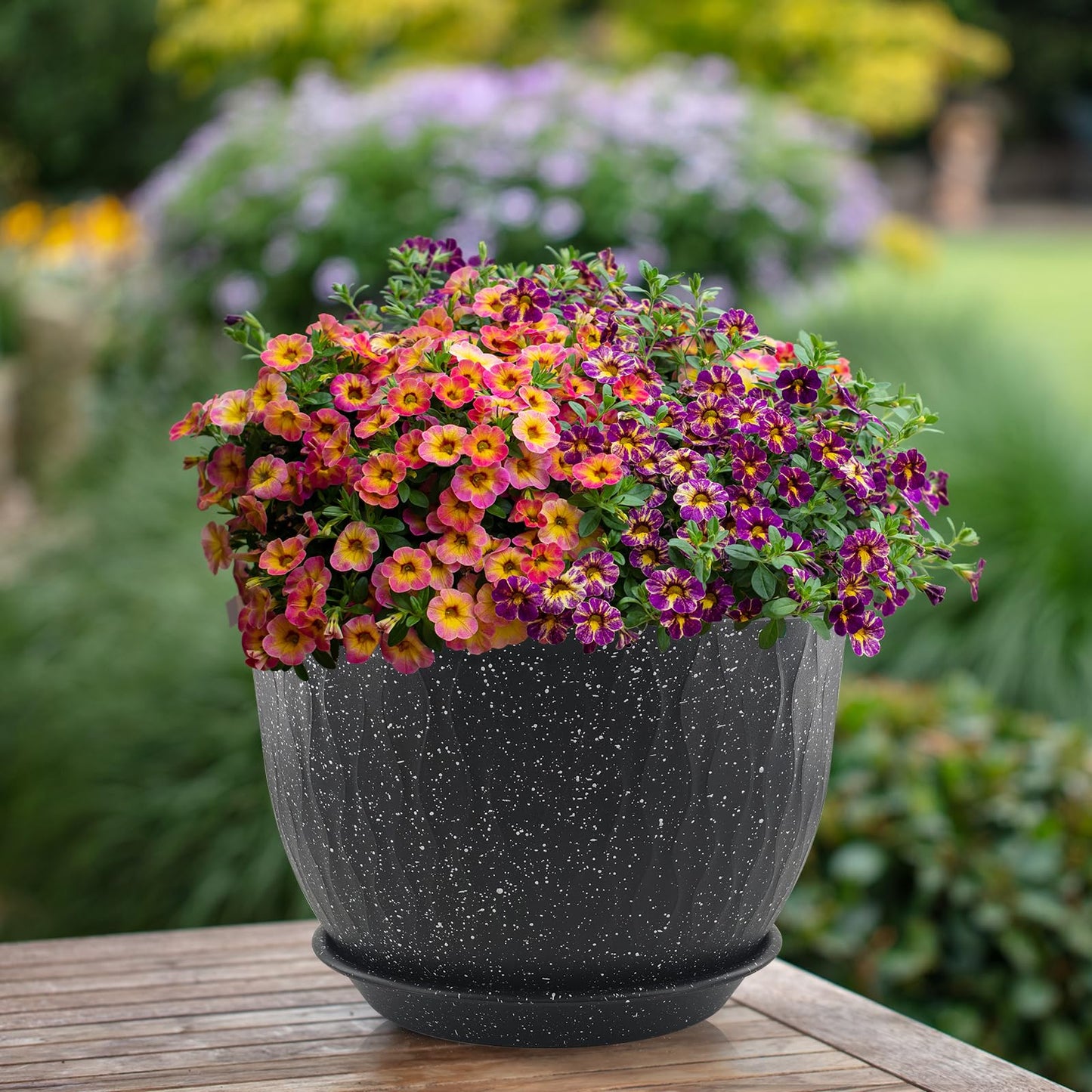 GDJUQZ 12/10/9 inch Plant Pots, 3 Pack Flower Pots for Outdoor Indoor Garden Plants, Large Planters with Multi Mesh Drainage Holes and Saucer (Speckled Black, 12"+10"+9")