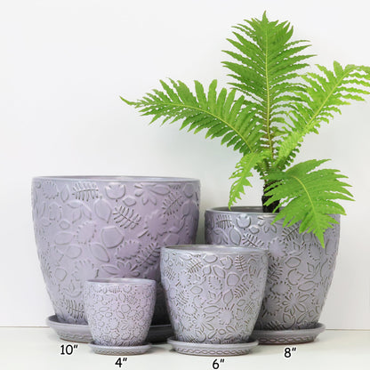 Bestseler 8 Inch + 6 Inch Retro Ceramic Planter Set of 2 with Drainage Hole and Saucer for Multiple Plants, Indoor-Outdoor Garden Pots for Succulent, Orchid, and Flower (Retro Purple)