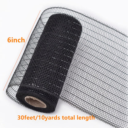 3 Rolls 6 inch x 30 feet Metallic Mesh Deco Poly Mesh Ribbon Roll, Metallic Foil Orange/Purple/Black Deco Mesh Ribbon for Wreaths, Swags and Halloween Decor