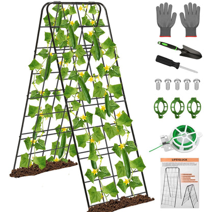 Cucumber Trellis 43.3’’x15.7’’ with Twist Tie and Clips, A-Frame Garden Trellis for Climbing Plants Heavy Duty Metal Plant Support for Cucumber, Grape, Tomato, Pea, Bean, Flower, Raised Bed