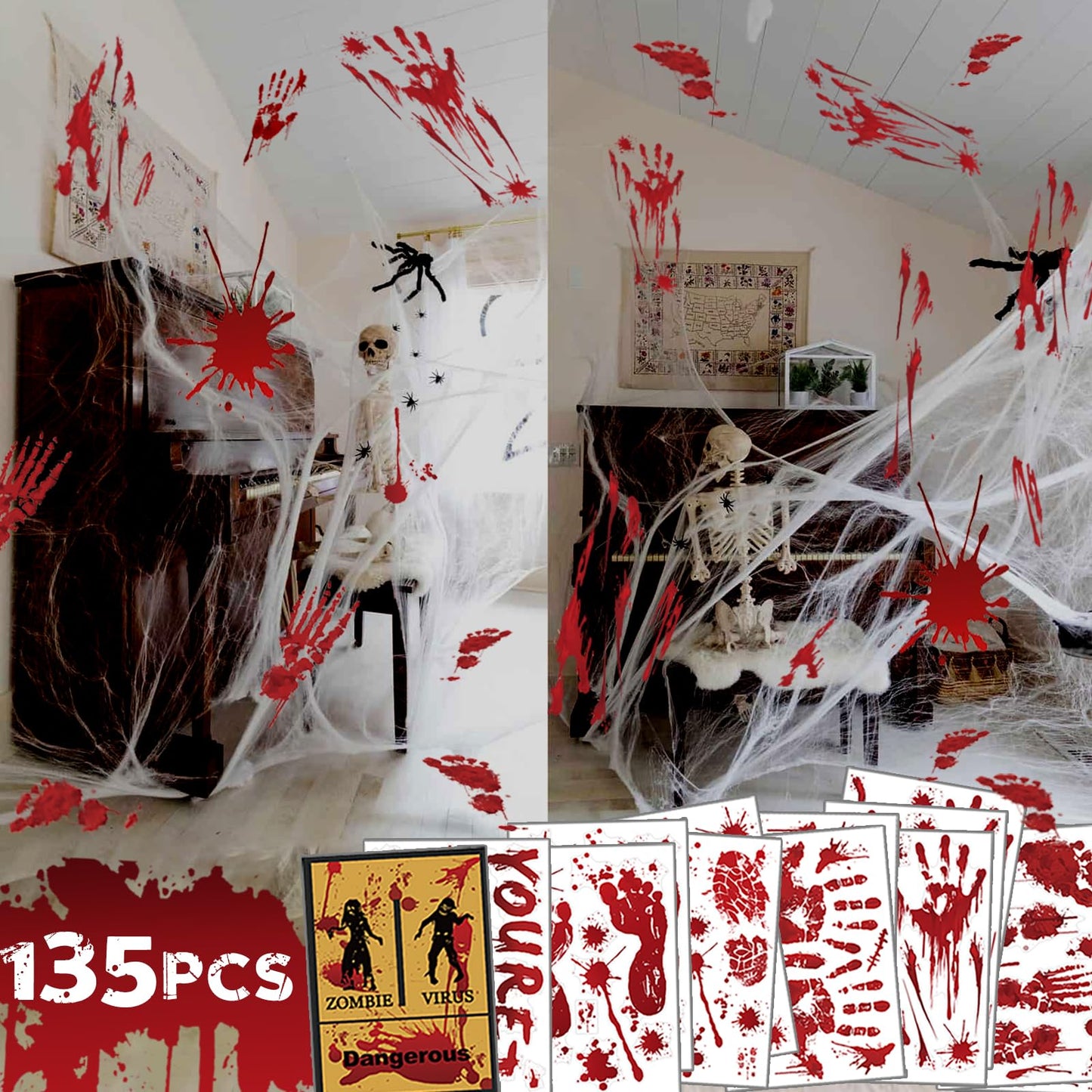 Halloween Decorations Handprint Footprint Clings, 135PCS Floor Window Stickers, 14 Sheets Creepy Wall Decals for Halloween Party Decorations Haunted House Vampire Zombie Decor