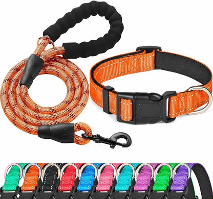 Ladoogo Reflective Dog Collar Padded with Soft Neoprene Breathable Adjustable Nylon Dog Collars for Small Medium Large Dogs (X-Small (Pack of 1), Orange Collar+Leash)