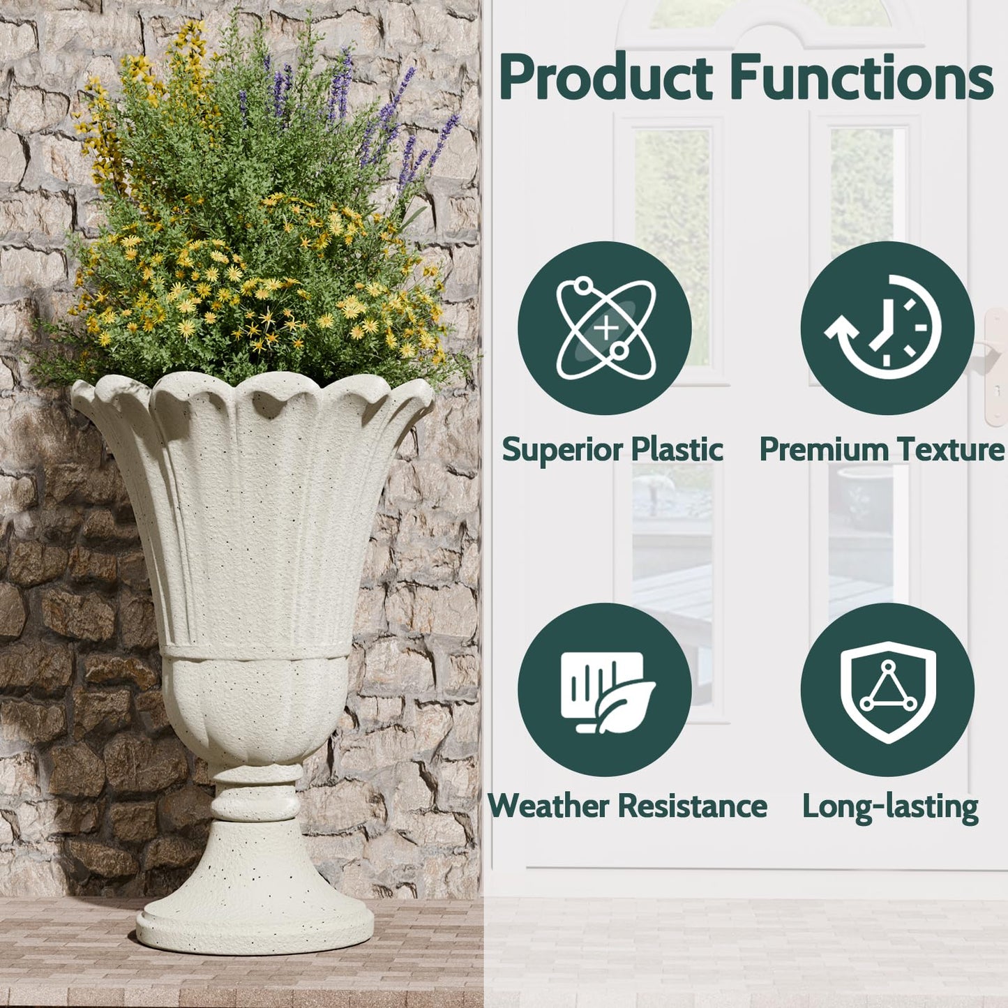 Trygoal 23.6" Tall Plastic Urn Planters for Outdoor Plants, Set of 2 Heavy-Duty Classic Indoor Large Flower Pots with Drainage Holes & Petal Design, Outdoor Planters for Porch, Home Garden, White