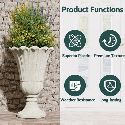 Trygoal 23.6" Tall Plastic Urn Planters for Outdoor Plants, Set of 2 Heavy-Duty Classic Indoor Large Flower Pots with Drainage Holes & Petal Design, Outdoor Planters for Porch, Home Garden, White