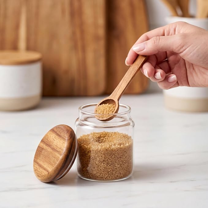 4-Pack 13 fl oz Wide Mouth Mason Jars with Spoon & Labels, Acacia Wood Lids, Press Seal, No Plastic, for Food, Snacks, Candy, Fruits, Coffee Beans, Spices & Dry Storage, Pantry Organizer.
