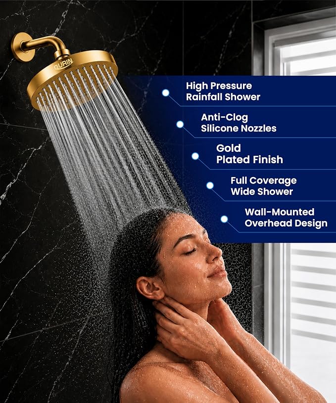 GURIN Shower Head - Powerful High Pressure Rain Shower Head 6 Inch - Luxury Rainfall Showerhead with Adjustable Angles, 90 Anti-Clog Nozzles, Tool-Free 1-Min Install, Premium Gold Plated Finish