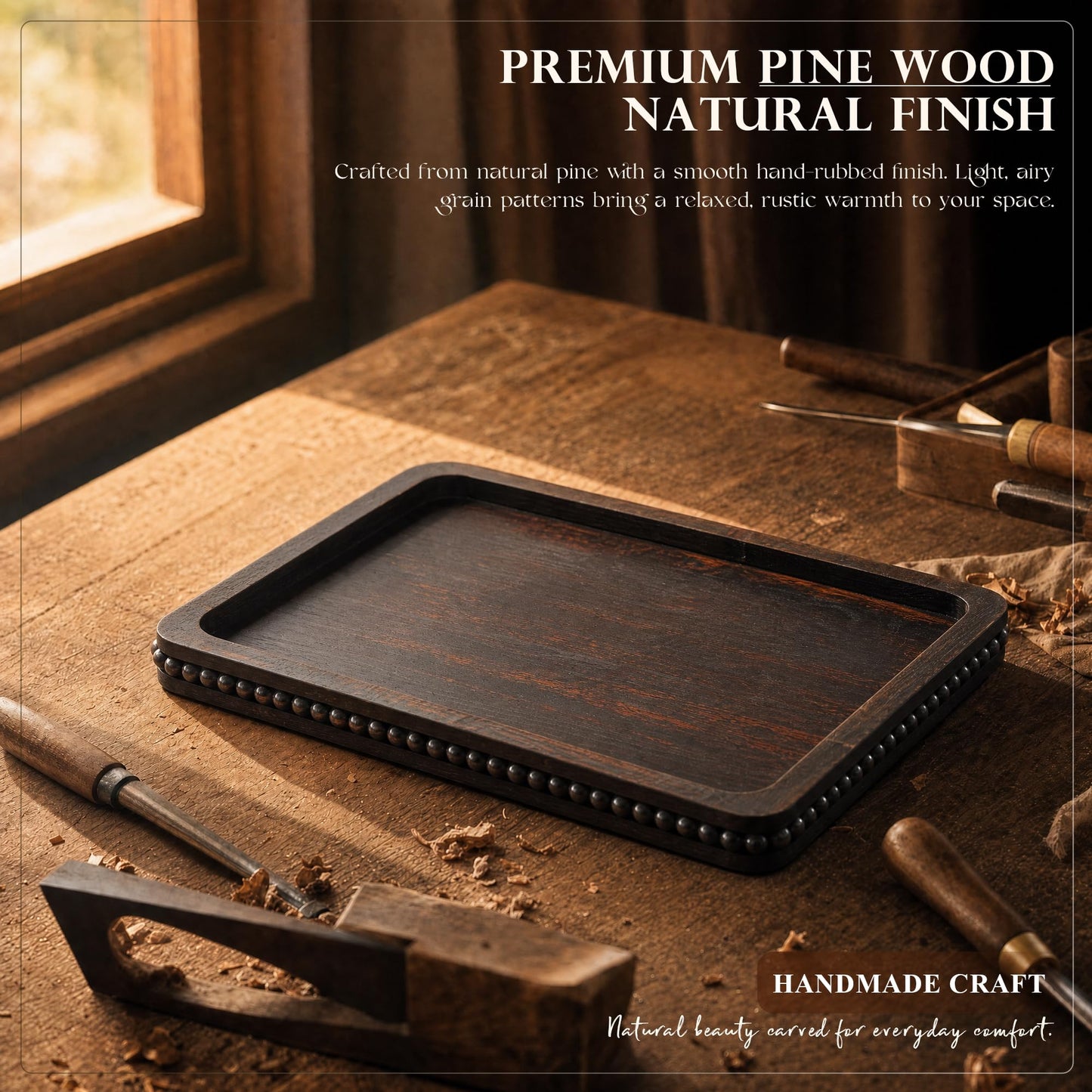 Pine Wood Sofa Arm Tray with Beaded Edge for Home Decor - Foldable Sofa Armrest Tray as Side Coffee Table - Anti-Slip Couch Armrest Trays for Putting Remote Control (Distressed Black,13"x9"x1")