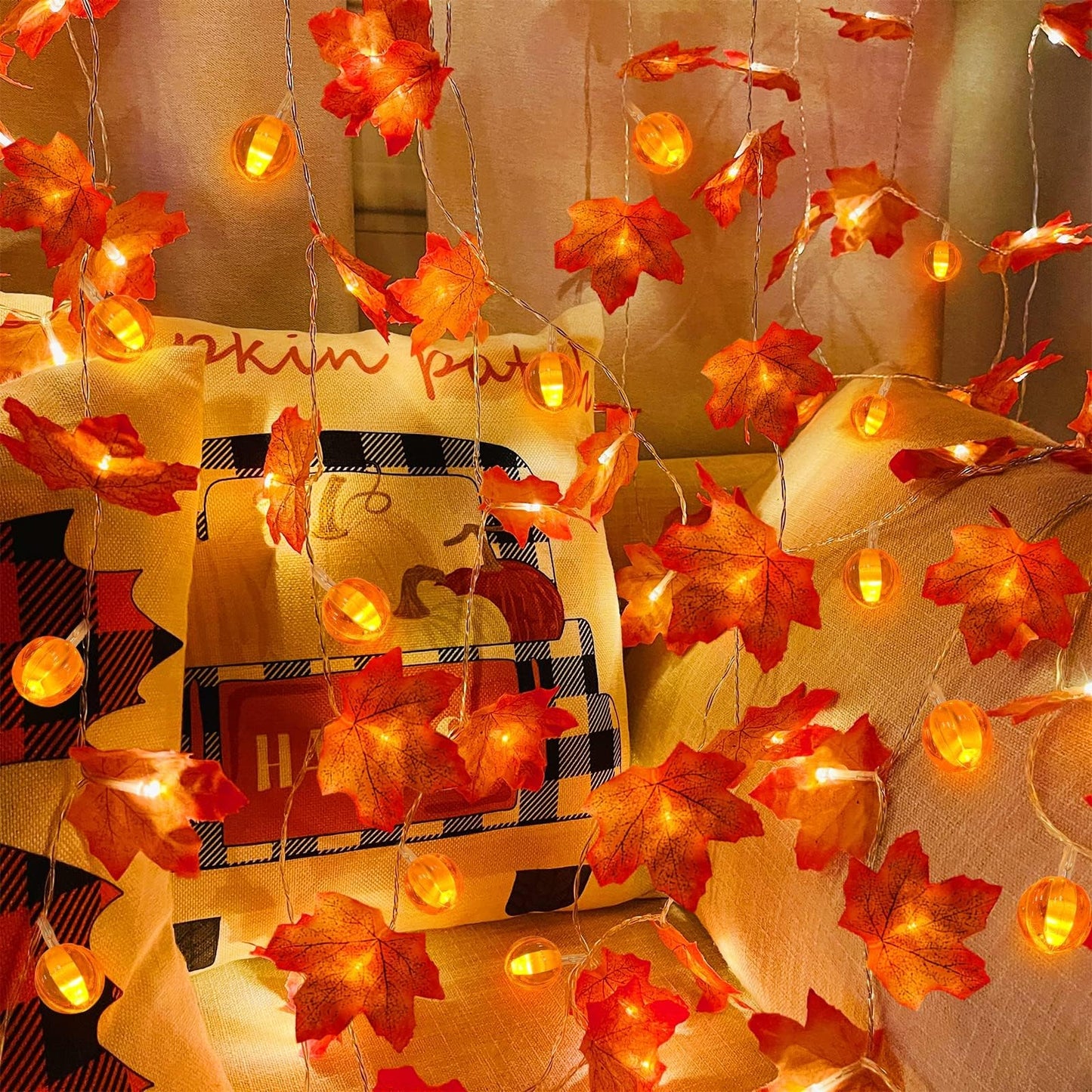 3 Pack & Timer - Fall Decor Fall Garland with Pumpkin Lights Fall Decorations for Home, 30Ft 60LED 3D Pumpkin Fall Lights Patented Enlarged Maples Leaves Battery Operated Halloween Thanksgiving Decor