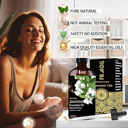 Jasmine Essential Oil, Jasmine Oil 4 Fl Oz 120ML for Diffuser Humidifier Yoga Cleaning DIY Candle Soap Making Perfume Gift for Women Essential Oils FRAOIL (Jasmine 4 Fl Oz (Pack of 1))