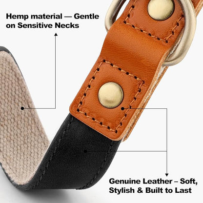 Plutus Pet Genuine Leather & Hemp Dog Collar – Adjustable Heavy Duty Pet Collar with Quick Release Metal Buckle, Soft & Stylish for Puppy and Small, Medium, Large Dogs (Black, S)