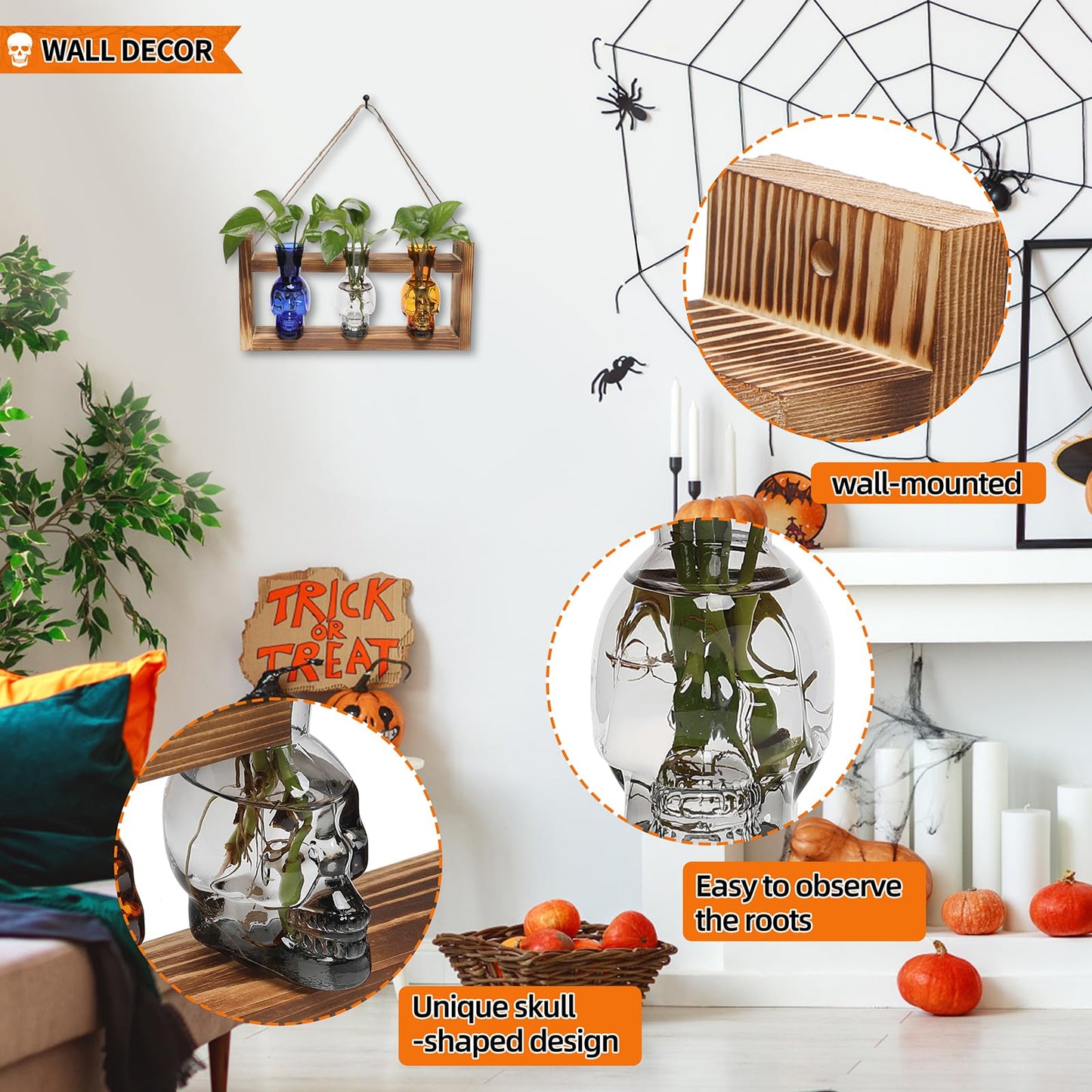 Plant Terrarium Propagation Stations Hydroponics Halloween Skull Planter Vase Skulls Decor with Wooden Stand Gift for Father