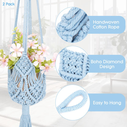 BUNCHBRAVO 2 Pack Macrame Plant Hangers, 33-Inch Cotton Rope Hanging Planters with Diamond Design, Boho Home Decor for Indoor and Outdoor Use, Blue
