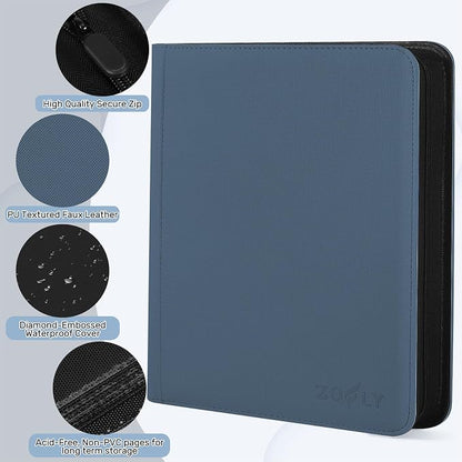 12 Pocket Zipper Trading Card Binder, 720 Large Capacity Side Loading Non-Ring Card Album, Double Sided Acid-Free Card Protector Binder for TCG, MTG, Sport Card, Navy Blue