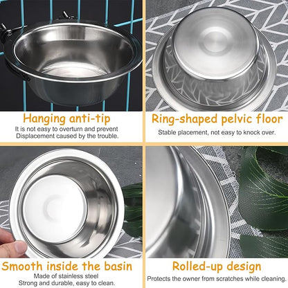 kathson Dog Kennel Bowls for Crates, 3 Pcs Stainless Steel Pet Food Water Bowls with Clamp Holder Hanging Metal Puppy Feeding Dish Cage Coop Cup for Cat Rabbit Ferret Bird (8.5 * 2.7in)