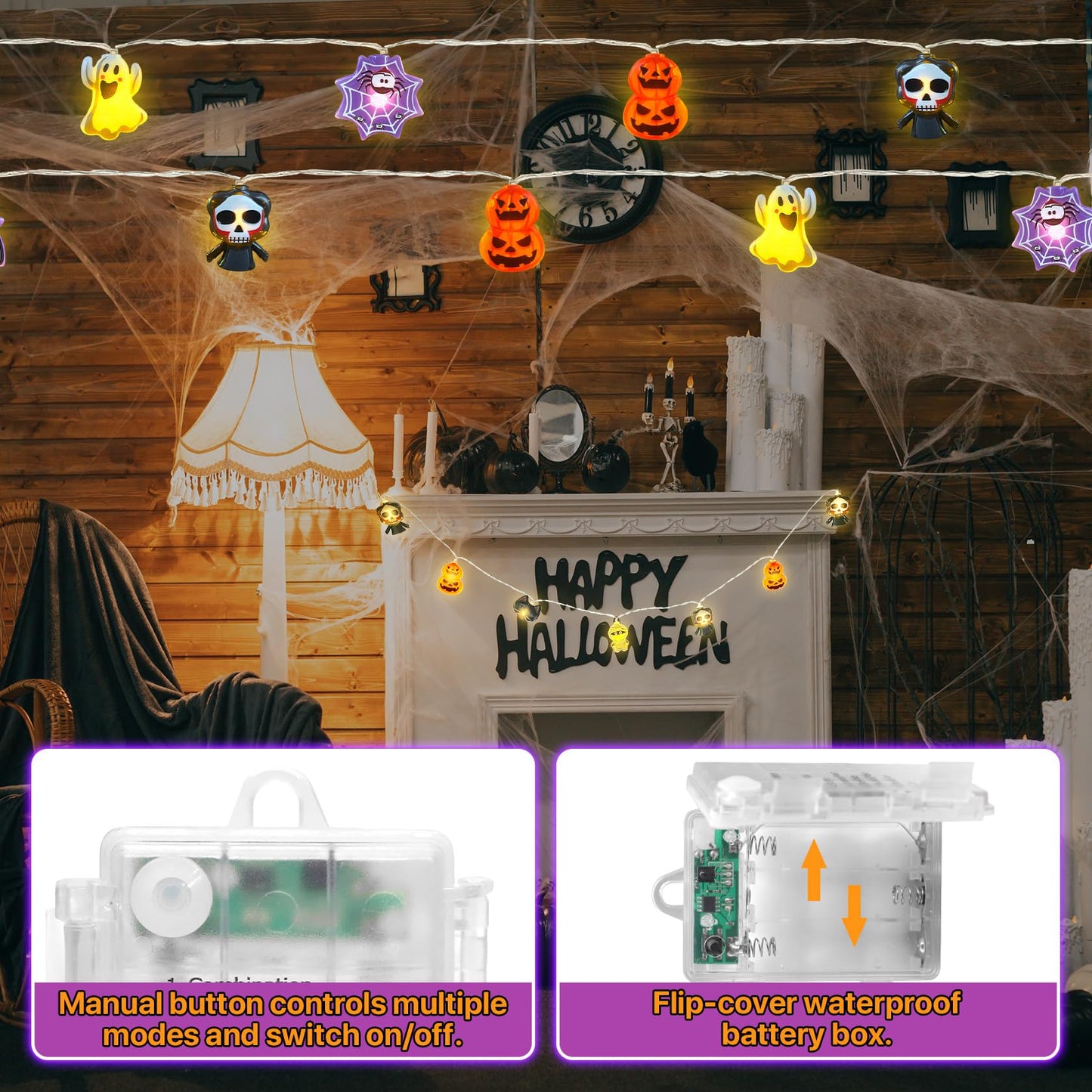 LUTW Halloween Lights Decorations, 10Ft 20 LED Halloween Lights Battery Operated with Timer Waterproof, 8 Lighting Modes, Cute Halloween's String Light for Indoor Outdoor Window Porch Decor