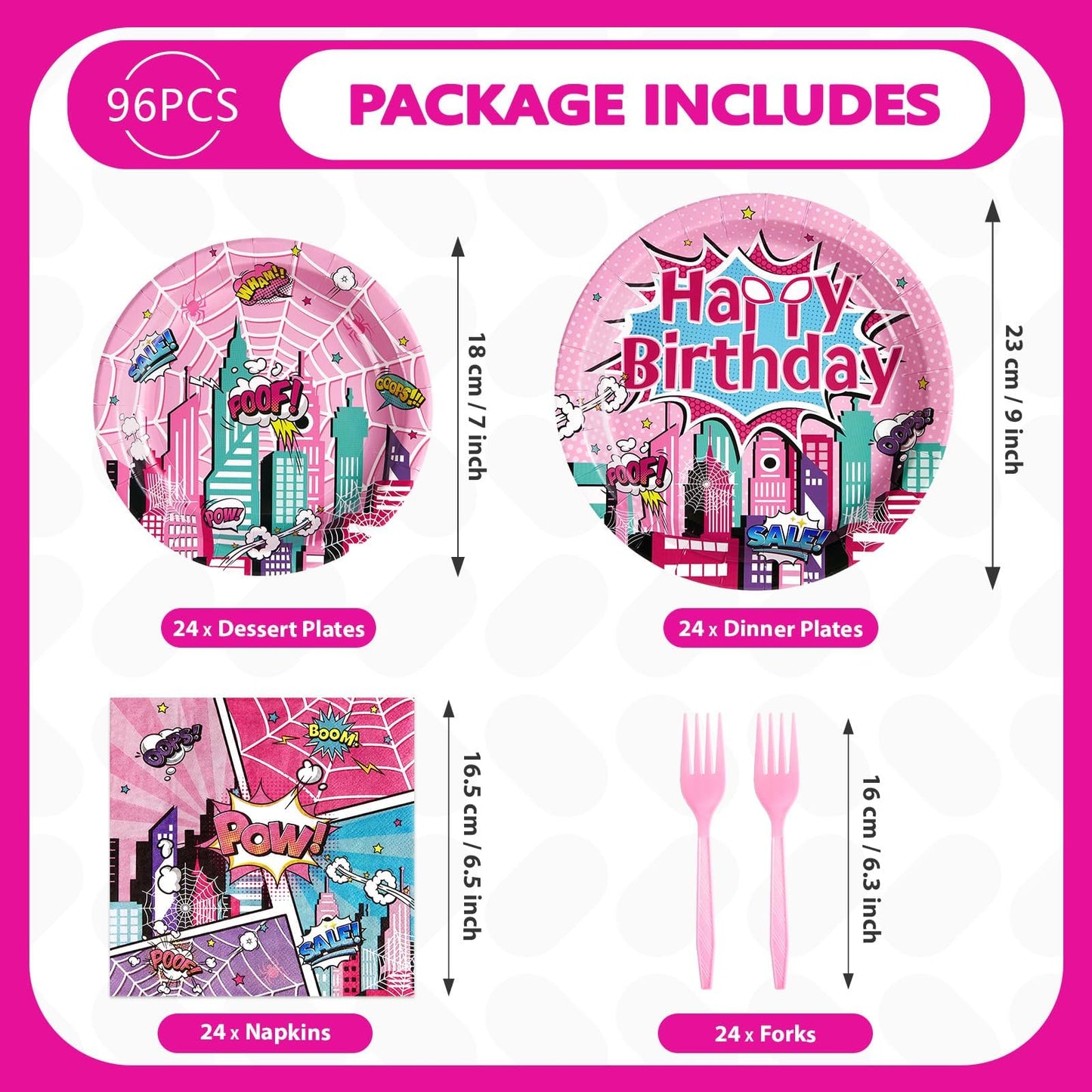 Grencian 96 Pcs Pink Spider Birthday Party Supplies Super Girl Hero Paper Plates and Napkins Spider Pink Ghost Decorations Tableware Set for Girls Birthday Baby Shower Serves 24