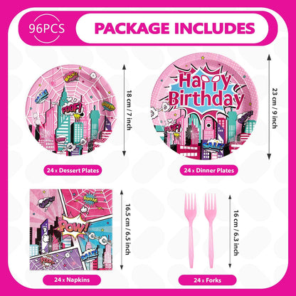 Grencian 96 Pcs Pink Spider Birthday Party Supplies Super Girl Hero Paper Plates and Napkins Spider Pink Ghost Decorations Tableware Set for Girls Birthday Baby Shower Serves 24