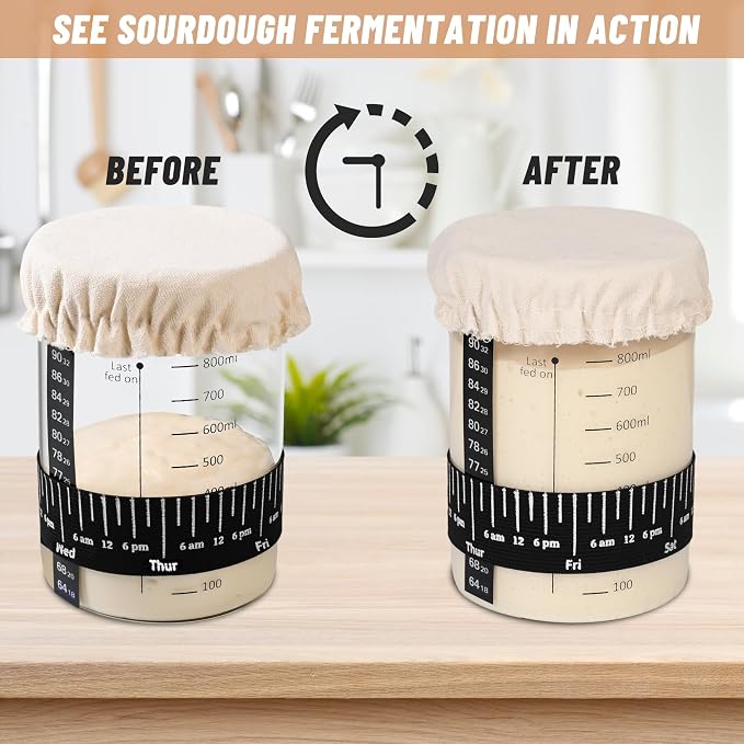 Xileanalee Pro Sourdough Starter Jar Kit 2 Packs-35 Oz Sourdough Bread Starter Jar Kit with Date Marked Feeding Band,Thermometer,Spatula,Cloth Cover& Lid for Sour Dough Bread Loaf (2 Pcs)