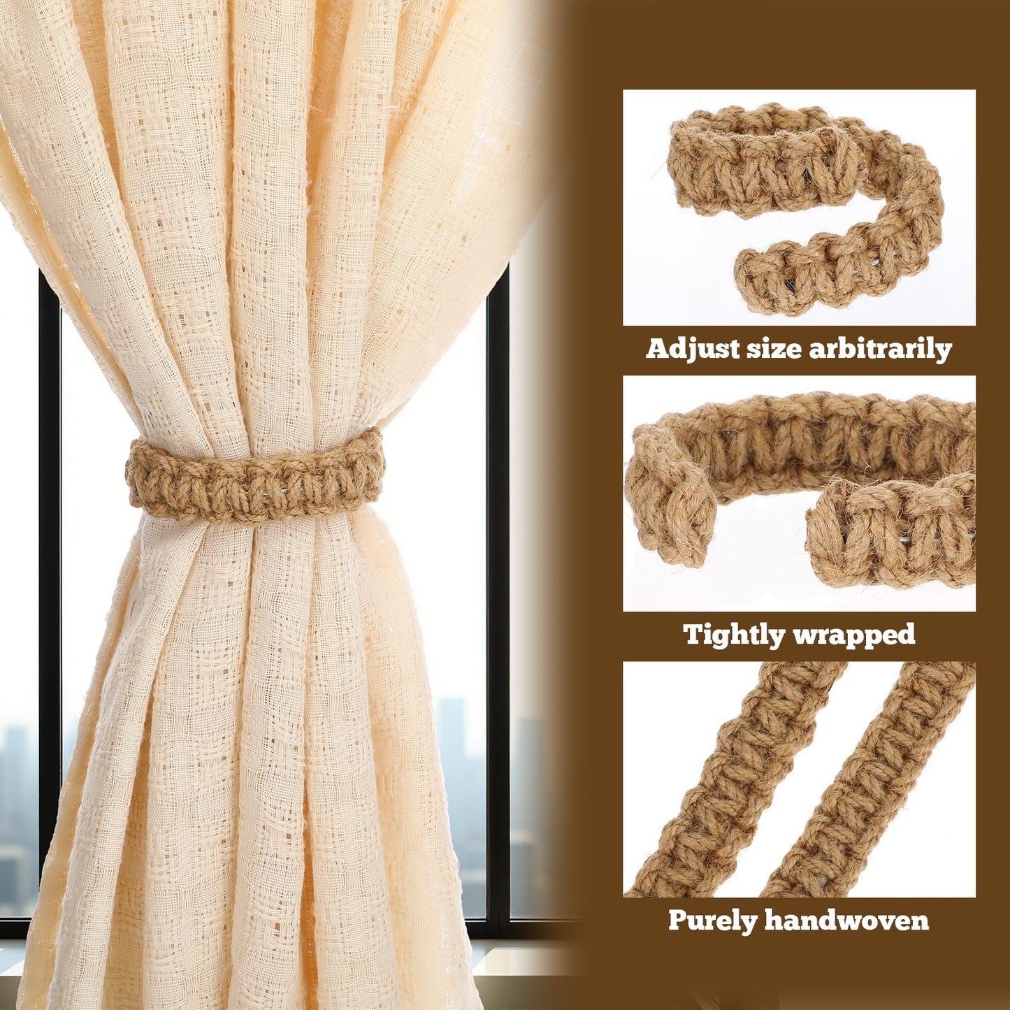 8 Pack Braided Curtain Tieback Rustic Drapes Holdback Boho Curtain Tie Backs Farmhouse Curtains Tie Holder Handmade Drape Rope Tieback for Home Office Sheer Weight Decor Drapery Straps Indoor