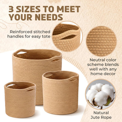 Xuhal 3 Pcs Plant Basket Woven Storage Basket Boho Planter Baskets Modern Woven Flower Tree Pots for Home Decor Blankets Organization (Khaki‌)