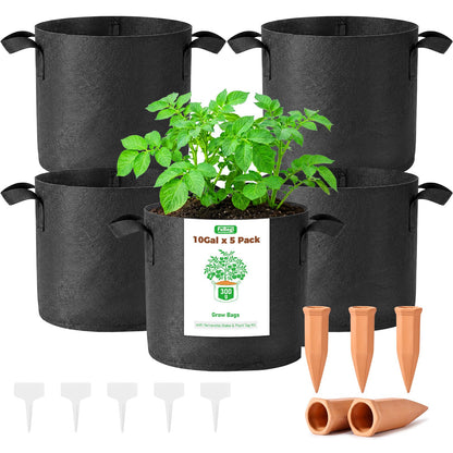5-Pack 10 Gallon Self Watering Grow Bags with 5pcs Terracotta Watering Spikes, Fabric Growing Plant Bags Garden Planting Pots for Gardening Outdoor, Planter Bags for Potato Tomato Cucumbers Vegetables
