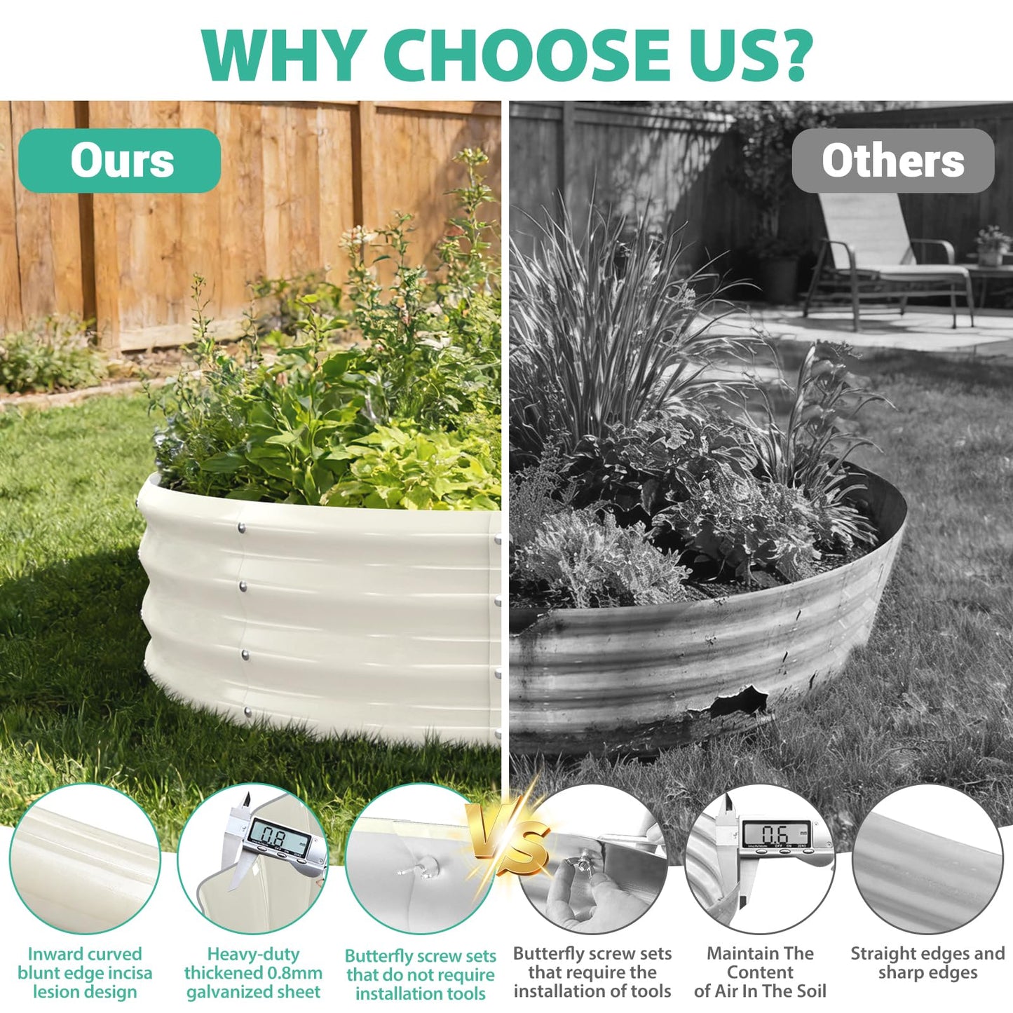 YSEJOMP 3FT Diameter Galvanized Garden Raised Bed/Plant Box/Fire Pit Ring - 0.8mm Thick,12 Inch Tall,Perfect for Planting a Variety of Flowers,Herbs,Vegetables (Cream White, 36 Dia X 12 inches)