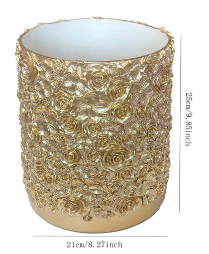 Huitony Decorative Glod Trash Can Elegant Resin Carved Waste Basket 8"x10" Trash Bin Decor Rose Floral Garbage Can for Office Bathroom,Bedroom,Livingroom 8L/2.2Gallon(Gold)