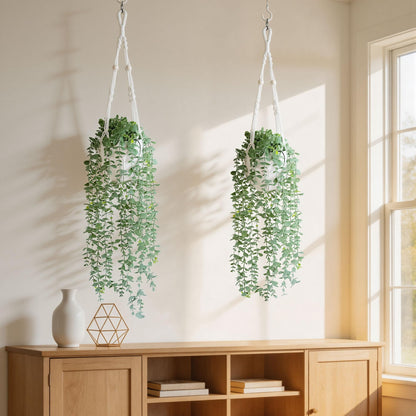 DREAMLOOM 2 Packs Fake Hanging Plants with Pots, Artificial Eucalyptus Hanging Plants with Macrame Hanger for Indoor Decor, Fake Hanging Vines Faux Greenery for Home Kitchen Office