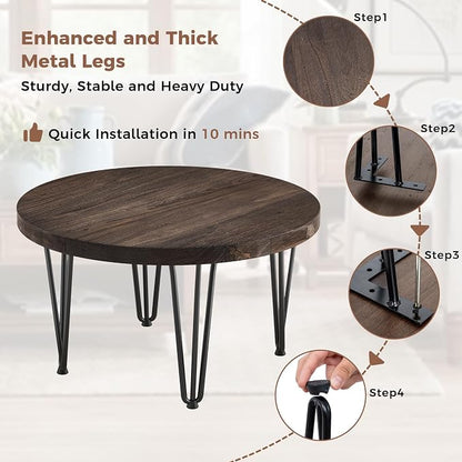 FLYJOE Rustic Wood Round Coffee Table with Metal Legs, Solid Elm Wood Top and Non-Slip Feet Pads - Farmhouse Style for Living Room, Walnut