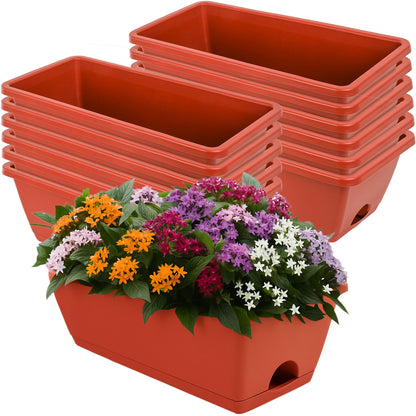 LOCONHA Window Box Planter, Plastic Vegetable Flower Planters Boxes 17 Inches Rectangular Flower Pots with Saucers for Indoor Outdoor Garden, Patio, Home Decor (12, Brick Red)
