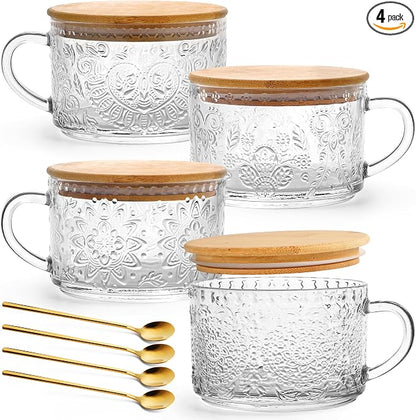 YORY 14oz Vintage Glass Mugs with Bamboo Lids & Spoons, 4-Pack gift set | Perfect for Overnight Oats, Yogurt, Coffee Tea , Kitchen, Housewarming ,women