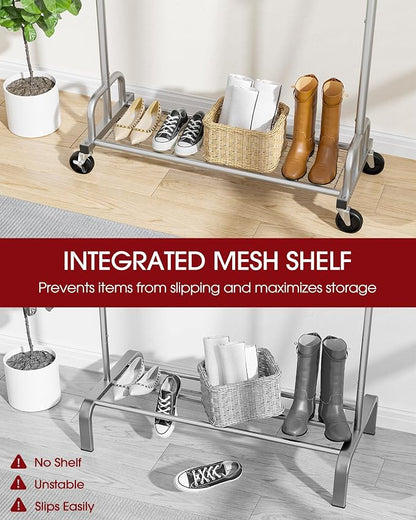 Sakugi Clothes Rack - Large-Capacity Clothing Racks for Hanging Clothes with Lockable Wheels, Space-Saving Metal Coat Rack for Bedroom, Laundry Room, Entryway, 45.6" x 16.9" x 59", Silver