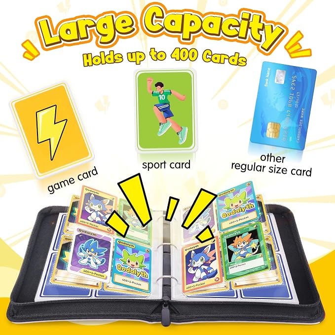 Card Binder – 4 Pocket Zipper Collection Album, Premium PU Holder, Double-Sided Display for 400 Cards, Includes 5 Hard Plastic Sleeves for Game Cards, Sports Cards