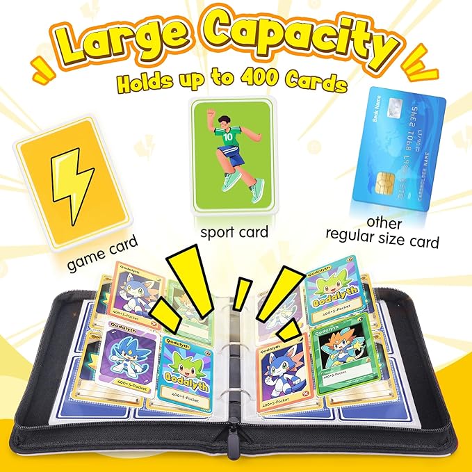 Card Binder – 4 Pocket Zipper Collection Album, Premium PU Holder, Double-Sided Display for 400 Cards, Includes 5 Hard Plastic Sleeves for Game Cards, Sports Cards（Cartoon Stickers）