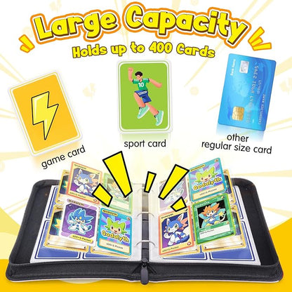 Card Binder – 4 Pocket Zipper Collection Album, Premium PU Holder, Double-Sided Display for 400 Cards, Includes 5 Hard Plastic Sleeves for Game Cards, Sports Cards（Cartoon Stickers）