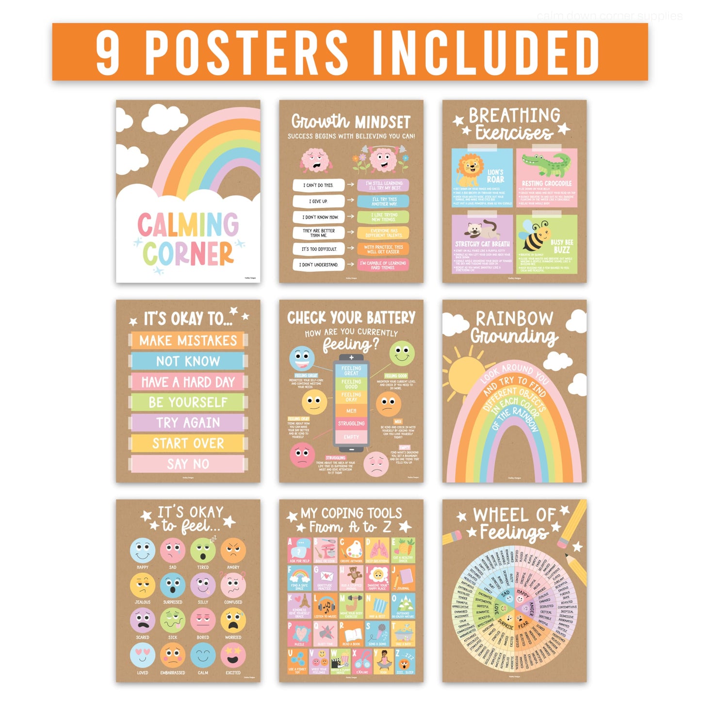 Hadley Designs 9 Calming Corner Posters for Classroom Must Haves - Calm Down Corner Supplies with Emotions Chart, School Counselor Mental Health Poster, Feelings Chart For Kids, Kraft Classroom Decor