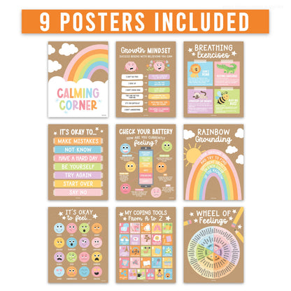 Hadley Designs 9 Calming Corner Posters for Classroom Must Haves - Calm Down Corner Supplies with Emotions Chart, School Counselor Mental Health Poster, Feelings Chart For Kids, Kraft Classroom Decor