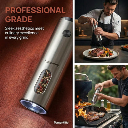 Electric Salt and Pepper Grinder Set with Rechargeable Base - Upgraded Large Capacity, Refillable Pepper Mill Set with LED Light & Adjustable Coarseness, Ideal for Kitchen, Outdoor (Polished Silver)