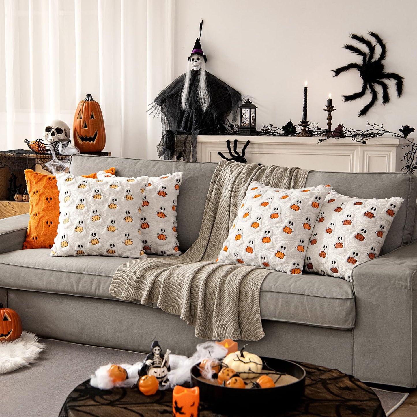 MIULEE Halloween Pillow Covers Decorative Fall Cute Ghost Plush Faux Fur Pillows 18x18 Inch Set of 2 Soft Pumpkin Accents for Sofa Couch Bed Living Room Festive Home Decor, White Bright Orange