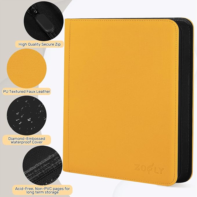 12 Pocket Zipper Trading Card Binder, 720 Large Capacity Side Loading Non-Ring Card Album, Double Sided Acid-Free Card Protector Binder for TCG, MTG, Sport Card, Yellow