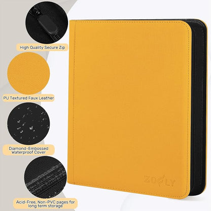 12 Pocket Zipper Trading Card Binder, 720 Large Capacity Side Loading Non-Ring Card Album, Double Sided Acid-Free Card Protector Binder for TCG, MTG, Sport Card, Yellow