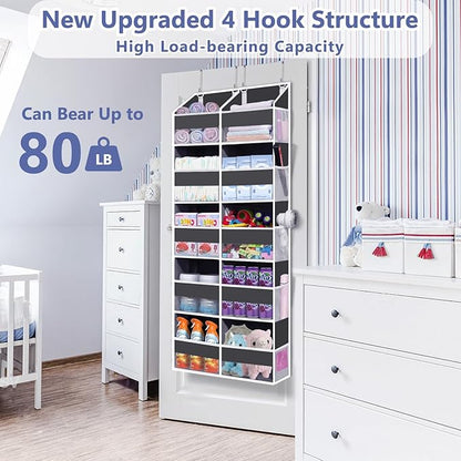 Heavy Duty Over The Door Organizer 5 Tiers, Extra Large Behind Door Storage of 10 Big Front & 10 Mesh Pockets, 80lb Weight Capacity, Hanging Doors Storage Organizer for Closet Bedroom Nursery, Grey