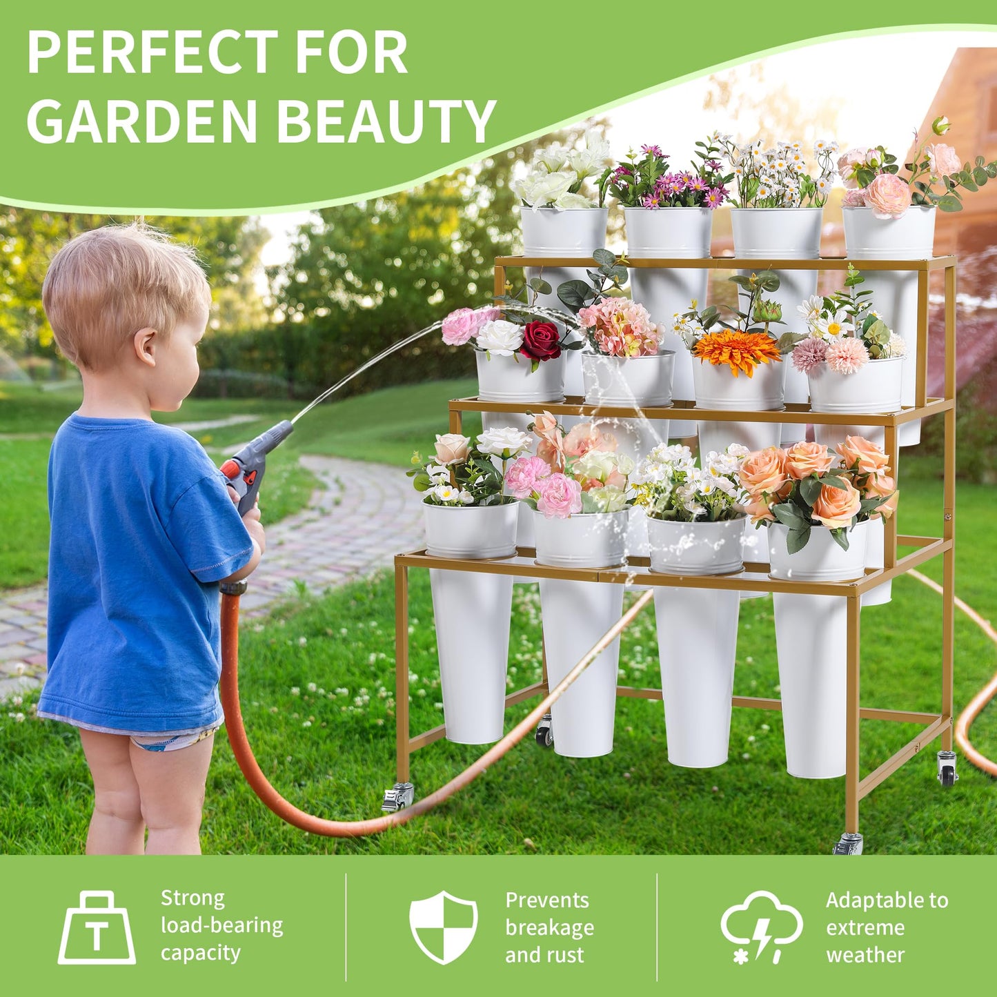 Ruifabo Flower Cart Display Stand, 3 Layers Metal Flower Bar Stand with 360° Swivel Wheels and Brake, Flower Display stand with Iron Buckets, Durable than Plastic Buckets, Flower Holder for Florist or Wedding